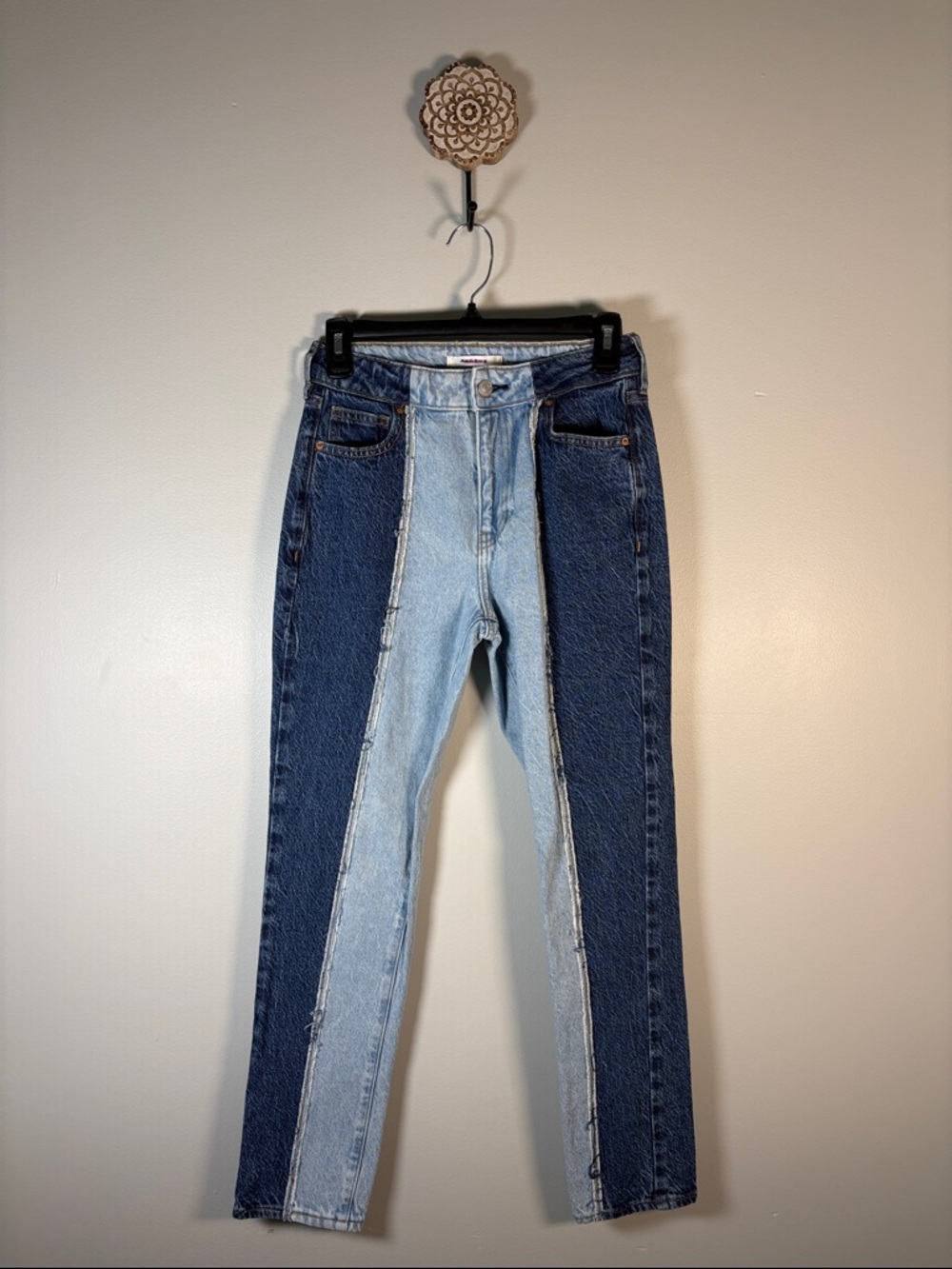 PacSun Women's Mom Jean Two-Tone Straight Leg Jeans - Light Blue & Dark Blue